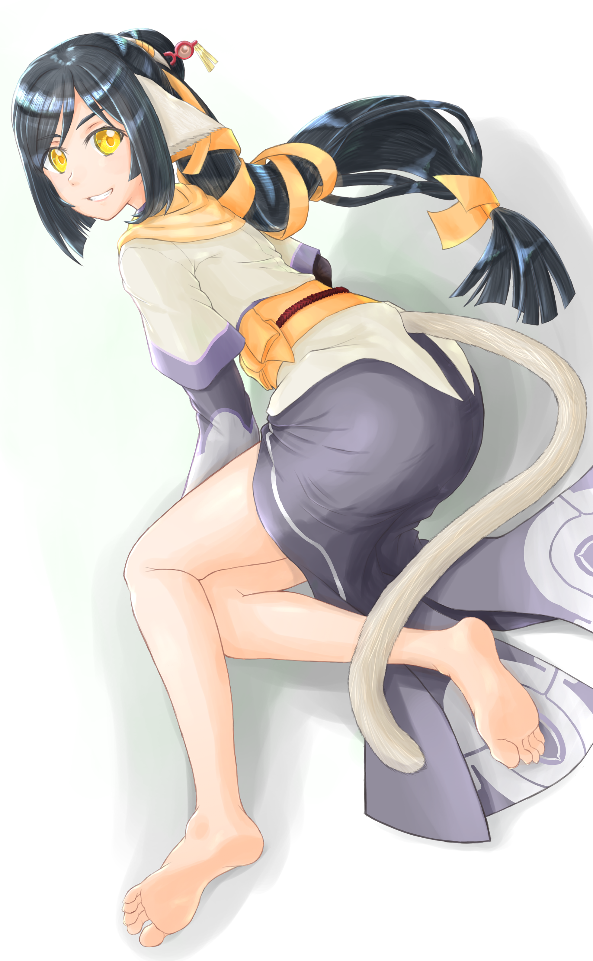 1girl absurdres barefoot black_hair feet grin highres kuon_(utawarerumono) long_hair looking_at_viewer pxa640 smile soles tail toes transparent_background utawarerumono yellow_eyes