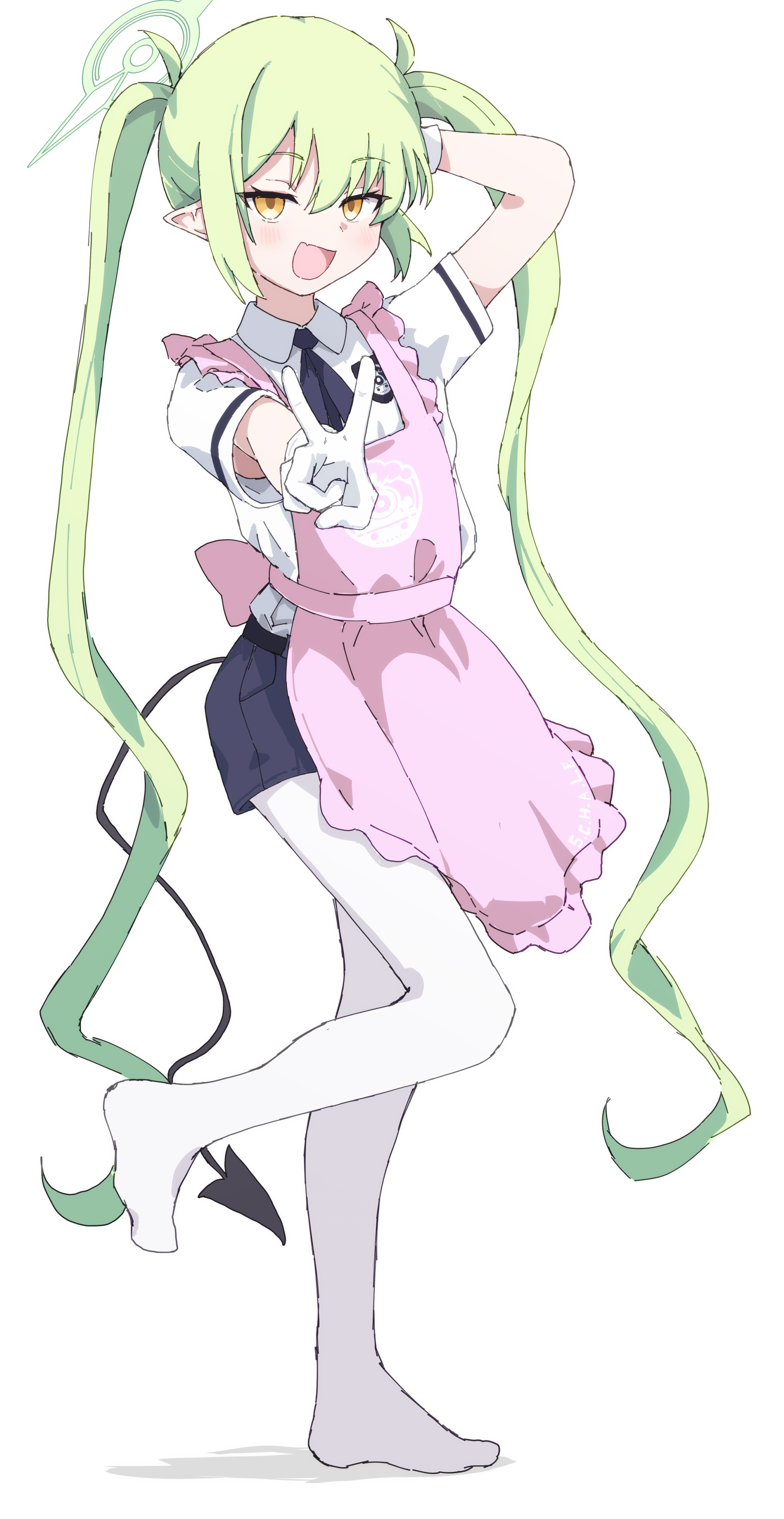 absurdres alternate_costume apron blue_archive blue_shorts blush commentary_request demon_girl demon_tail fang frilled_apron frills full_body gloves green_hair green_halo halo heart highres long_hair looking_at_viewer no_shoes nozomi_(blue_archive) open_mouth pantyhose pantyhose_under_shorts pink_apron pointy_ears shirt short_sleeves shorts skin_fang smile standing standing_on_one_leg sweat tail transparent_background twintails v very_long_hair white_gloves white_pantyhose white_shirt yellow_eyes yucblossom