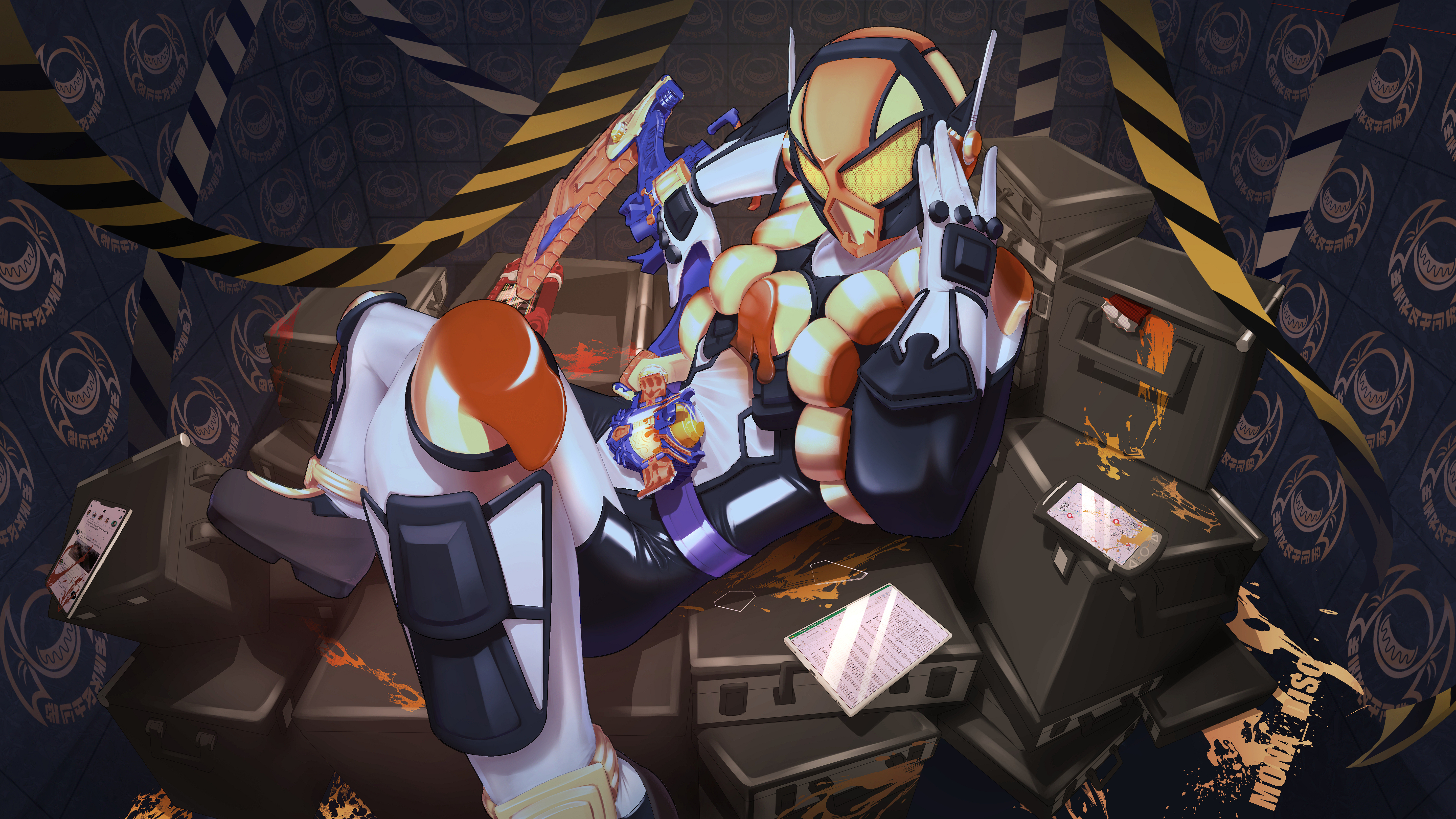 1boy absurdres armor artist_name black_bodysuit blood bodysuit box broken_glass caution_tape cellphone commentary glass gloves hand_on_helmet helmet highres holding holding_weapon kamen_rider kamen_rider_gavv_(series) kamen_rider_vram kamen_rider_vram_(pudding_custom) knee_pads looking_at_viewer male_focus mona_disc multicolored_armor multicolored_bodysuit multicolored_helmet on_suitcase orange_armor orange_helmet phone reclining rider_belt shin_guards solo suitcase tablet_pc tokusatsu vrambreaker vrastumgear weapon white_bodysuit white_gloves yellow_armor yellow_helmet