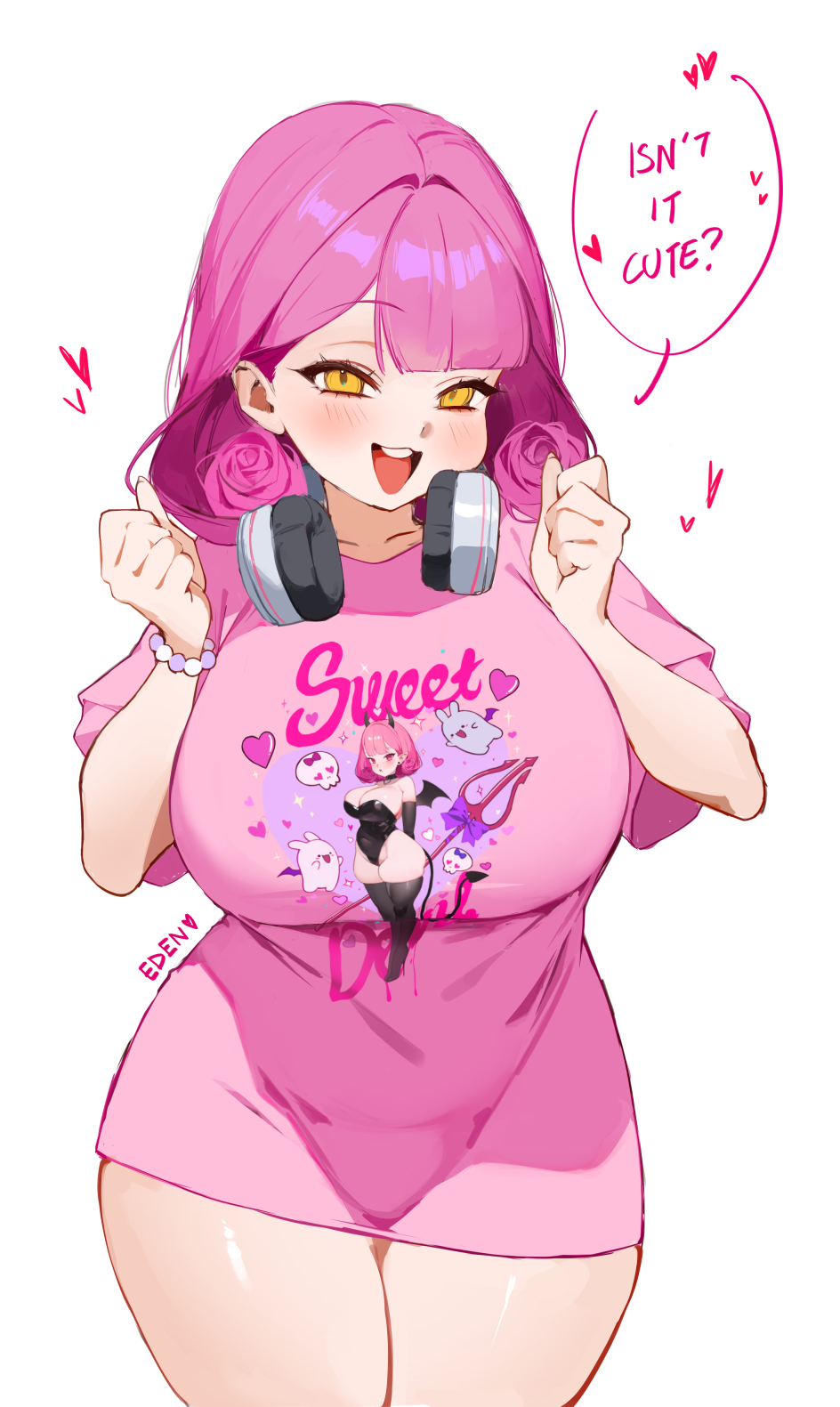 1girl :d artist_name breasts clothes_writing commentary curly_hair eden_(shiroki_yuutsu) english_commentary english_text highres large_breasts looking_at_viewer medium_hair open_mouth pink_hair pink_shirt shirt short_sleeves simple_background smile solo speech_bubble t-shirt vanilla_(eden_(shiroki_yuutsu)) white_background yellow_eyes