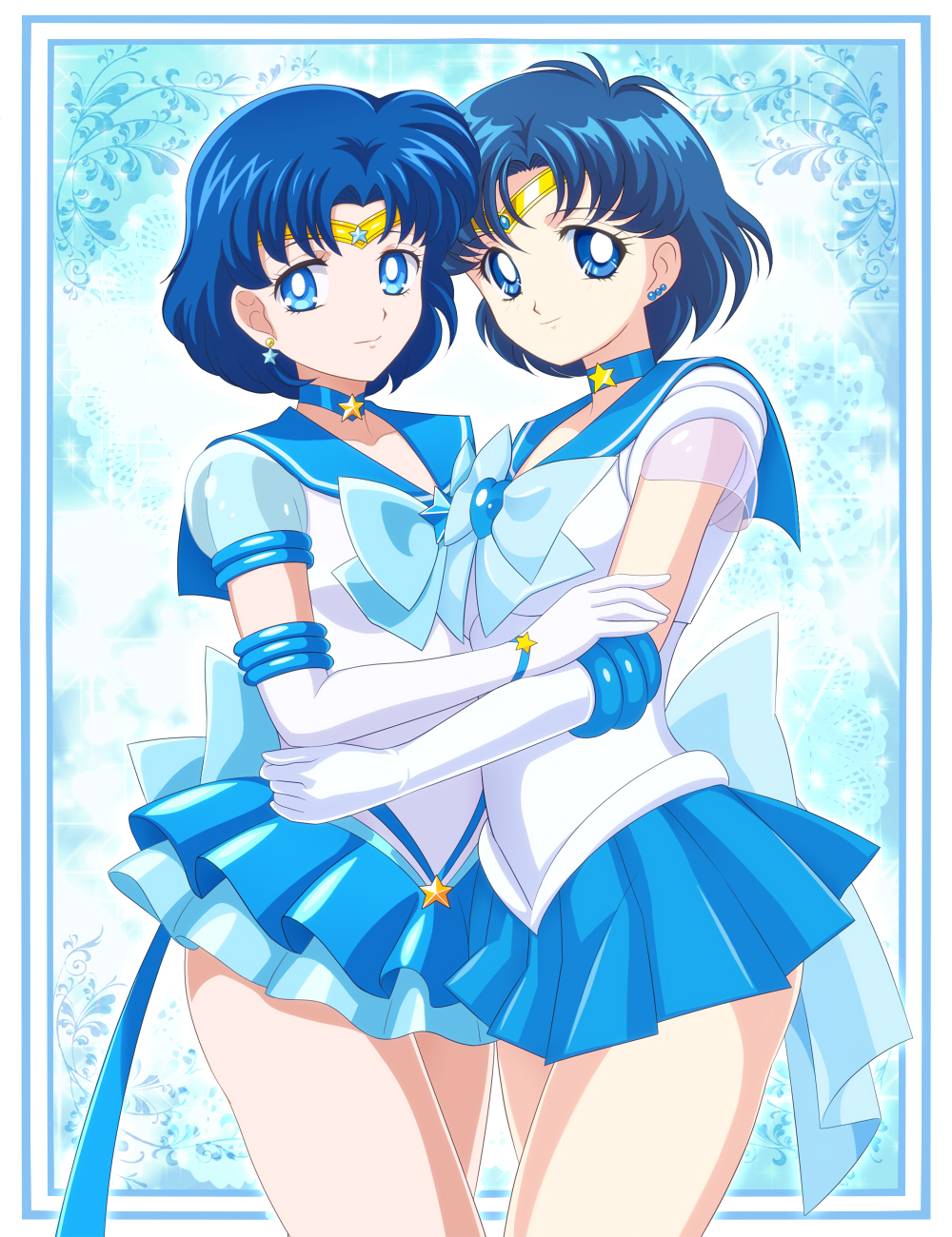 1girl back_bow bishoujo_senshi_sailor_moon bishoujo_senshi_sailor_moon_stars blue_boots blue_bow blue_bowtie blue_choker blue_eyes blue_gemstone blue_hair blue_sailor_collar blue_skirt boots bow bowtie brooch choker circlet dual_persona earrings elbow_gloves gem gloves high_heel_boots high_heels highres jewelry miniskirt mizuno_ami pirochi pleated_skirt sailor_collar sailor_mercury shirt short_hair short_sleeves skirt solo star_(symbol) star_choker star_earrings stud_earrings super_sailor_mercury super_sailor_mercury_(stars) swept_bangs white_gloves white_shirt