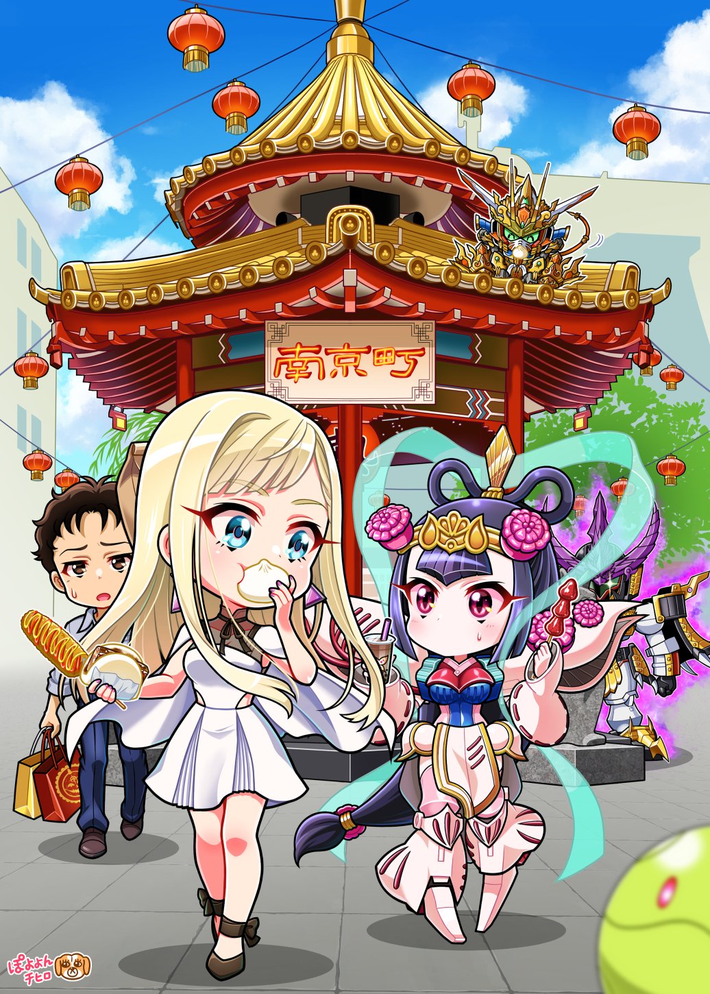 2girls 3boys ^_^ steamed_bun black_hair blonde_hair breasts brown_eyes brown_hair capelet chibi chousen_qubeley clenched_hand closed_eyes dress eating closed_eyes food gigi_andalusia green_eyes gundam gundam_hathaway&#039;s_flash haro hathaway_noa highres holding holding_food lantern long_hair mecha medium_breasts multiple_boys multiple_girls one-eyed open_mouth poyoyon_chihiro robot ryofu_tallgeese sd_gundam sd_gundam_sangokuden sd_gundam_world_heroes skewer smile tail v-fin very_long_hair walking white_capelet white_dress wukong_impulse_gundam