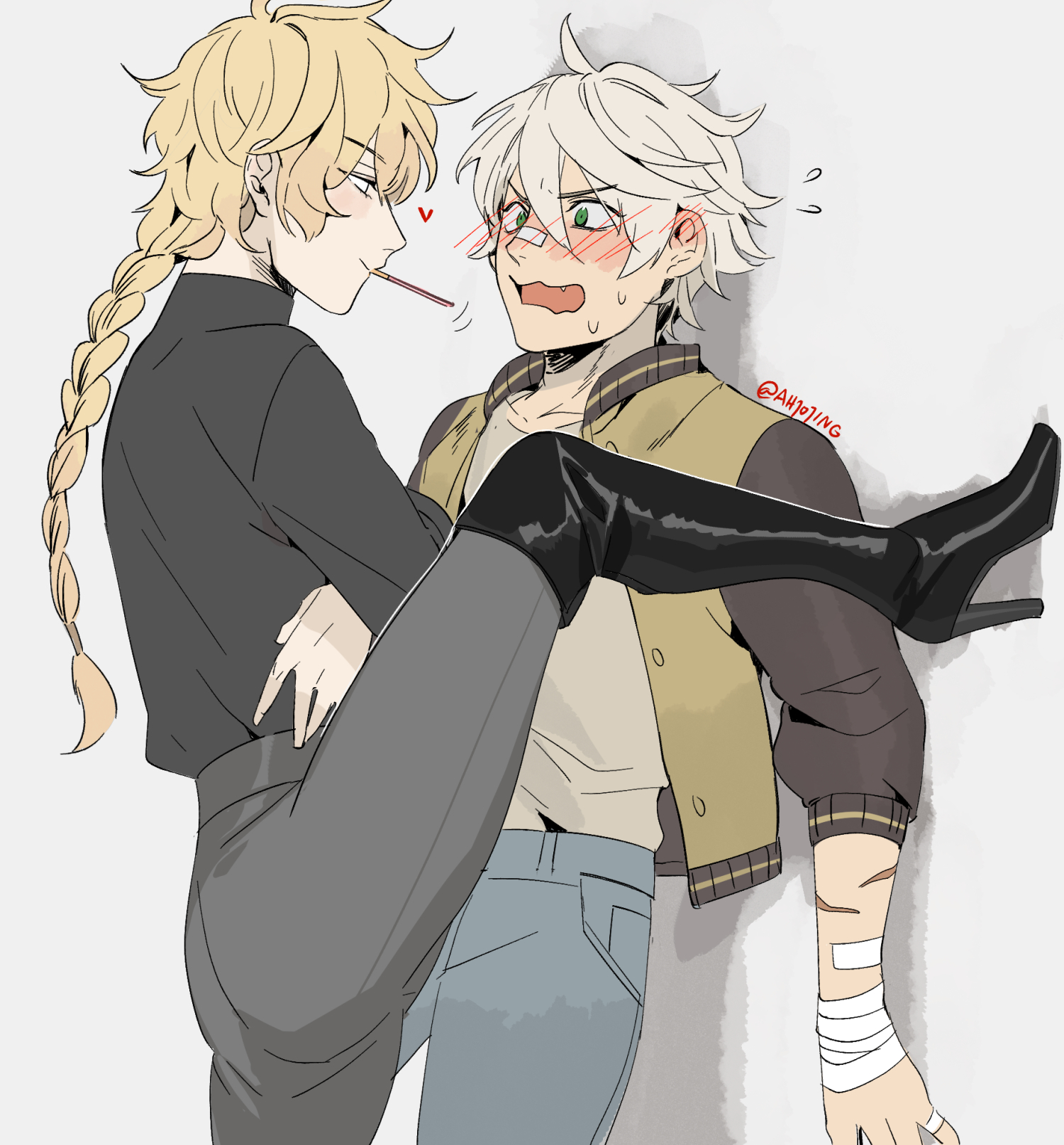 2boys aether_(genshin_impact) against_wall ahjojing alternate_costume bandaged_wrist bandages bandaid bandaid_on_arm bandaid_on_face bandaid_on_nose bennett_(genshin_impact) black_boots black_shirt blonde_hair blush boots braid casual closed_mouth commentary_request crossed_arms ear_blush embarrassed face-to-face fang flying_sweatdrops food food_in_mouth foot_against_wall foot_kabedon genshin_impact green_eyes grey_hair grey_pants hair_between_eyes heart high_heel_boots high_heels highres jacket kabedon latex latex_boots leaning_back leg_up long_hair long_sleeves looking_at_another male_focus mouth_hold multiple_boys multiple_scars nose_blush open_clothes open_jacket open_mouth pants pocky pocky_in_mouth scar scar_on_arm shirt shirt_tucked_in short_hair single_braid split standing standing_on_one_leg standing_split sweat turtleneck turtleneck_shirt unbuttoned very_long_hair wavy_mouth yaoi