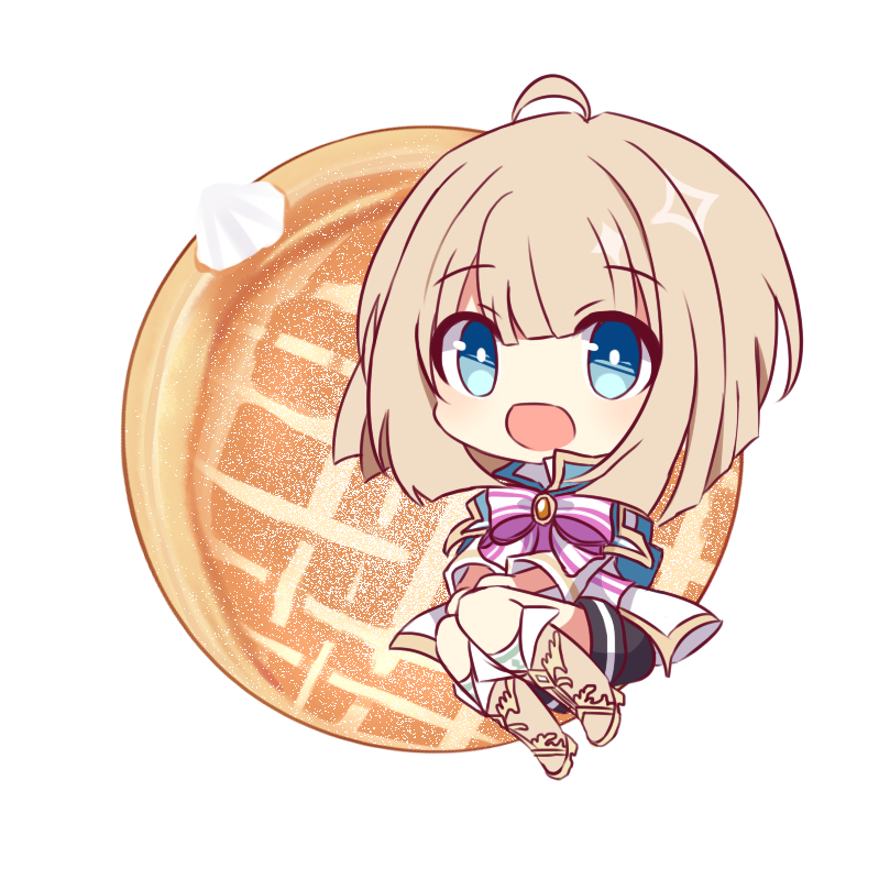 black_shorts blue_eyes boots bow bright_pupils brown_hair dame_x_prince food full_body looking_at_viewer nanahi_tsubaki no_nose open_mouth ruze_selen_el_phiriazar short_hair shorts simple_background socks solo striped_bow waffle white_background white_boots white_pupils white_socks