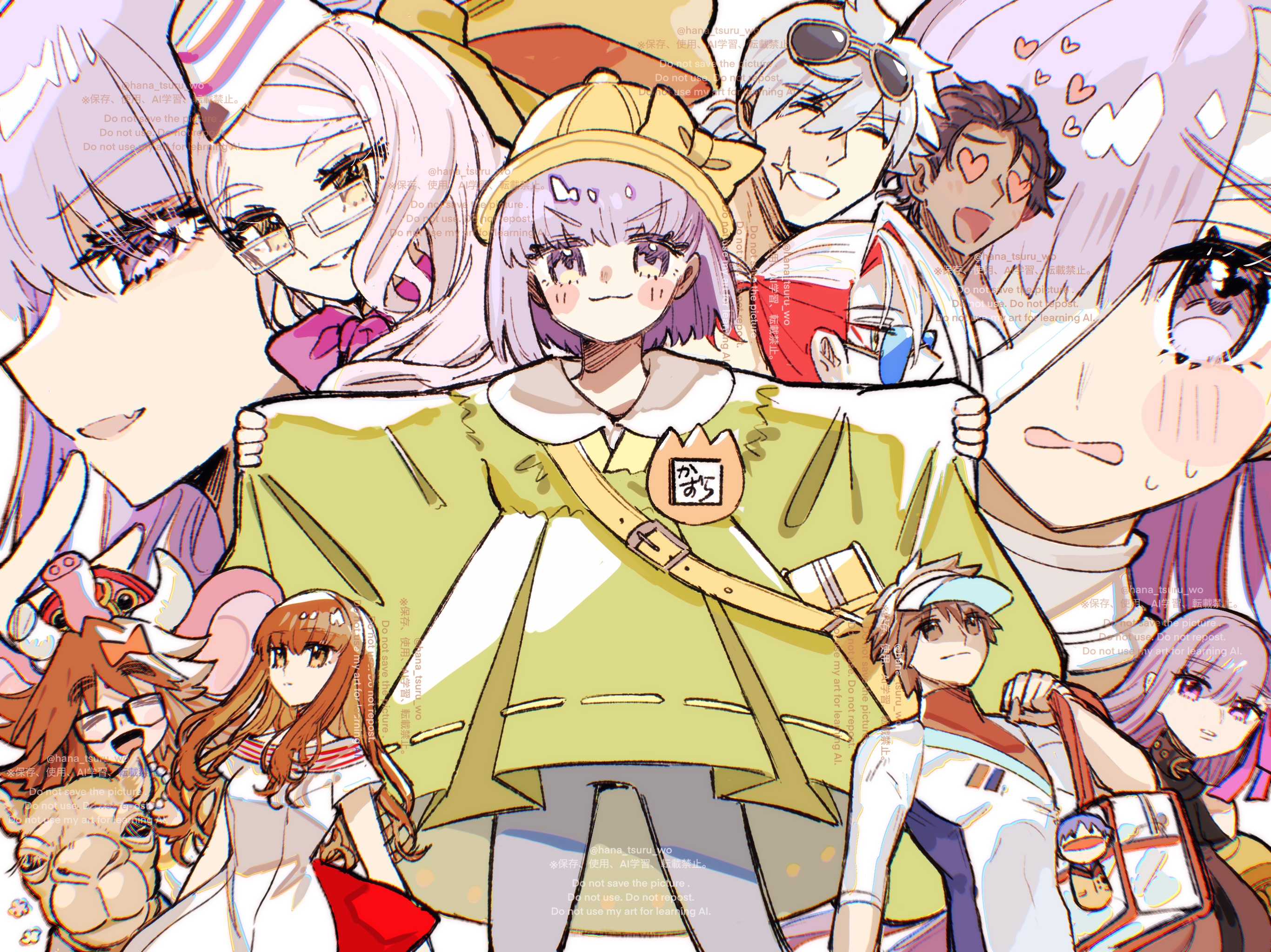 4boys 6+girls bandage_over_one_eye bartholomew_roberts_(fate) bartholomew_roberts_(smiley_summer_wear)_(fate) bb_(fate) bb_dubai_(fate) blush brown_eyes brown_hair closed_eyes closed_mouth commentary_request curly_hair dark-skinned_male dark_skin eyewear_on_head fate/grand_order fate_(series) ganesha_(fate) glasses grey_hair grin hat heart heart-shaped_eyes highres jinako_carigiri karna_(fate) karna_(summer_outfit)_(fate) kazuradrop_(fate) kazuradrop_(first_ascension)_(fate) kindergarten_uniform kingprotea_(fate) kishinami_hakuno_(female) kishinami_hakuno_(male) koyanskaya_(fate) koyanskaya_(foreigner)_(first_ascension)_(fate) long_hair long_sleeves looking_at_viewer loving_aura matou_shinji_(fate/extra) multicolored_hair multiple_boys multiple_girls name_tag official_alternate_costume one_eye_covered outstretched_arms passionlip_(fate) percival_(fate) percival_(summer_knight_outfit)_(fate) pink_hair purple_eyes purple_hair red_hair school_hat short_hair smile sparkle spread_arms straight_hair sugomori_tsuru_(hana_tsuru_wo) tamamo_(fate) two-tone_hair v-shaped_eyebrows visor_cap white_hair wide_sleeves yellow_eyes