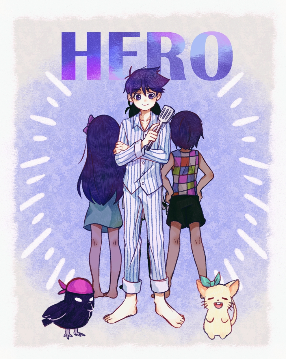 1girl 3boys antenna_hair aubrey_(headspace)_(omori) aubrey_(omori) back-to-back bare_arms bare_shoulders barefoot black_hair black_shorts blue_background border bow brothers character_name checkered_clothes closed_mouth collarbone collared_shirt commentary_request crossed_arms crow_(omori) ems_(omori) full_body hair_bow hands_on_own_hips hero_(headspace)_(omori) hero_(omori) highres holding holding_spatula kel_(headspace)_(omori) kel_(omori) kneepits linglanjunying long_hair long_sleeves looking_at_viewer multiple_boys omori omori_(omori) pants pink_bow purple_eyes purple_hair shirt short_hair shorts siblings simple_background smile spatula standing striped_clothes striped_pants striped_shirt tank_top vertical-striped_clothes vertical-striped_pants vertical-striped_shirt white_border white_pants white_shirt
