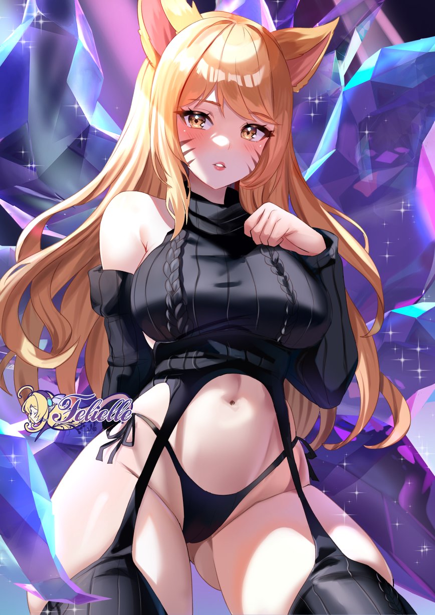 1girl ahri_(league_of_legends) alternate_costume animal_ears arm_behind_back artist_name bare_shoulders black_panties black_sleeves black_sweater black_thighhighs blonde_hair blush cowboy_shot crop_top detached_sleeves facial_mark felielle fox_ears fox_girl hand_up hashtag-only_commentary highres k/da_(league_of_legends) k/da_ahri league_of_legends lipstick long_hair long_sleeves looking_at_viewer makeup meme_attire midriff navel panties parted_lips solo sweater thighhighs underwear very_long_hair virgin_destroyer_sweater yellow_eyes