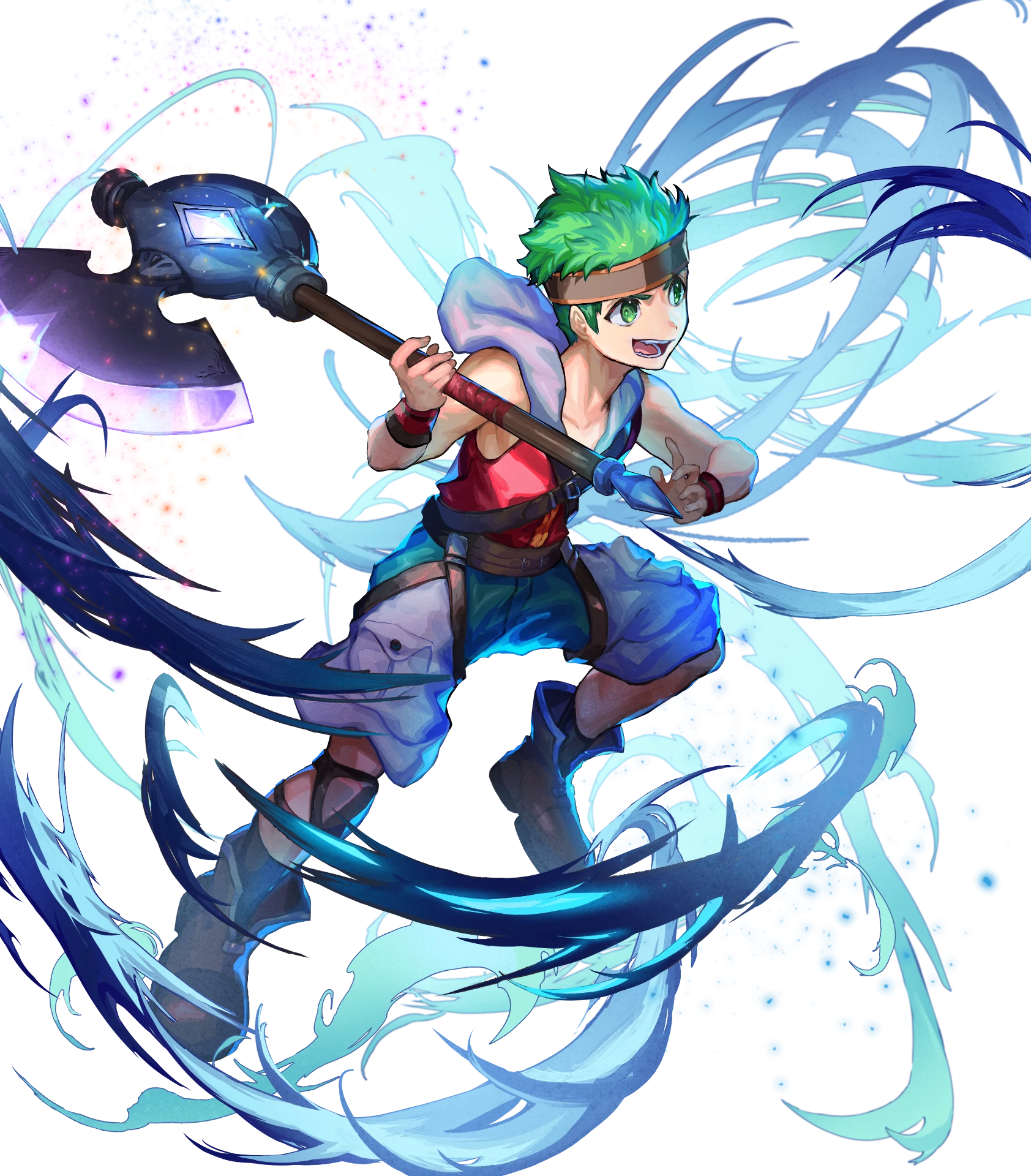 1boy aged_down axe boyd_(fire_emblem) boyd_(future_great)_(fire_emblem) child fighting_stance fire_emblem fire_emblem:_path_of_radiance fire_emblem_heroes full_body glowing glowing_weapon green_eyes green_hair headband highres holding holding_axe holding_weapon hood hoodie knee_pads male_focus nijimaarc nintendo non-web_source official_art open_mouth short_hair single_knee_pad sleeveless sleeveless_hoodie solo transparent_background weapon