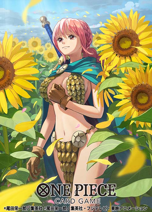 1girl aqua_cloak brown_gloves cloud cloudy_sky commentary_request copyright_name cowboy_shot falling_petals flower gloves light_smile looking_up official_art one_piece one_piece_card_game otton petals pink_eyes pink_hair ponytail rebecca_(one_piece) sidelocks sky solo sunflower sword sword_on_back weapon weapon_on_back yellow_petals