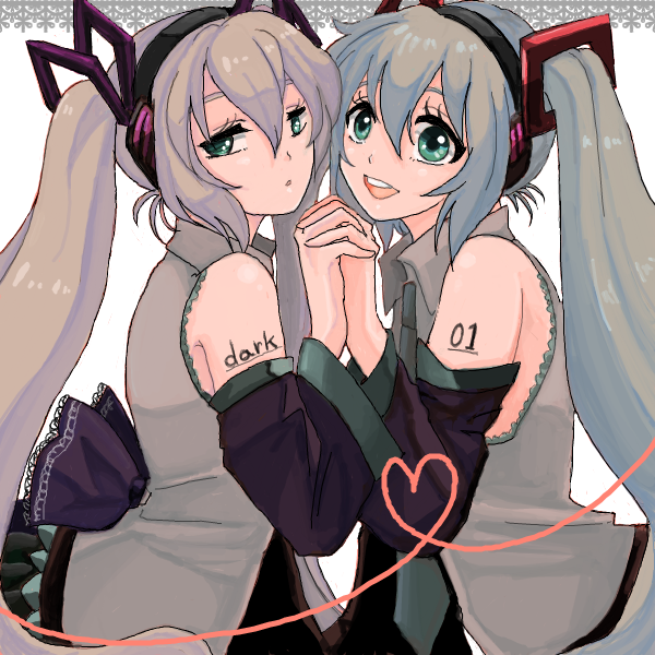 2girls back_bow blue_hair bow collared_shirt detached_sleeves dual_persona from_side green_eyes grey_hair hair_ornament hatsune_miku hatsune_miku_(append) headphones heart heart_of_string holding_hands kazu_tanuki long_hair long_sleeves looking_at_viewer looking_to_the_side multiple_girls necktie open_mouth parted_lips shirt sleeveless sleeveless_shirt smile very_long_hair vocaloid vocaloid_append