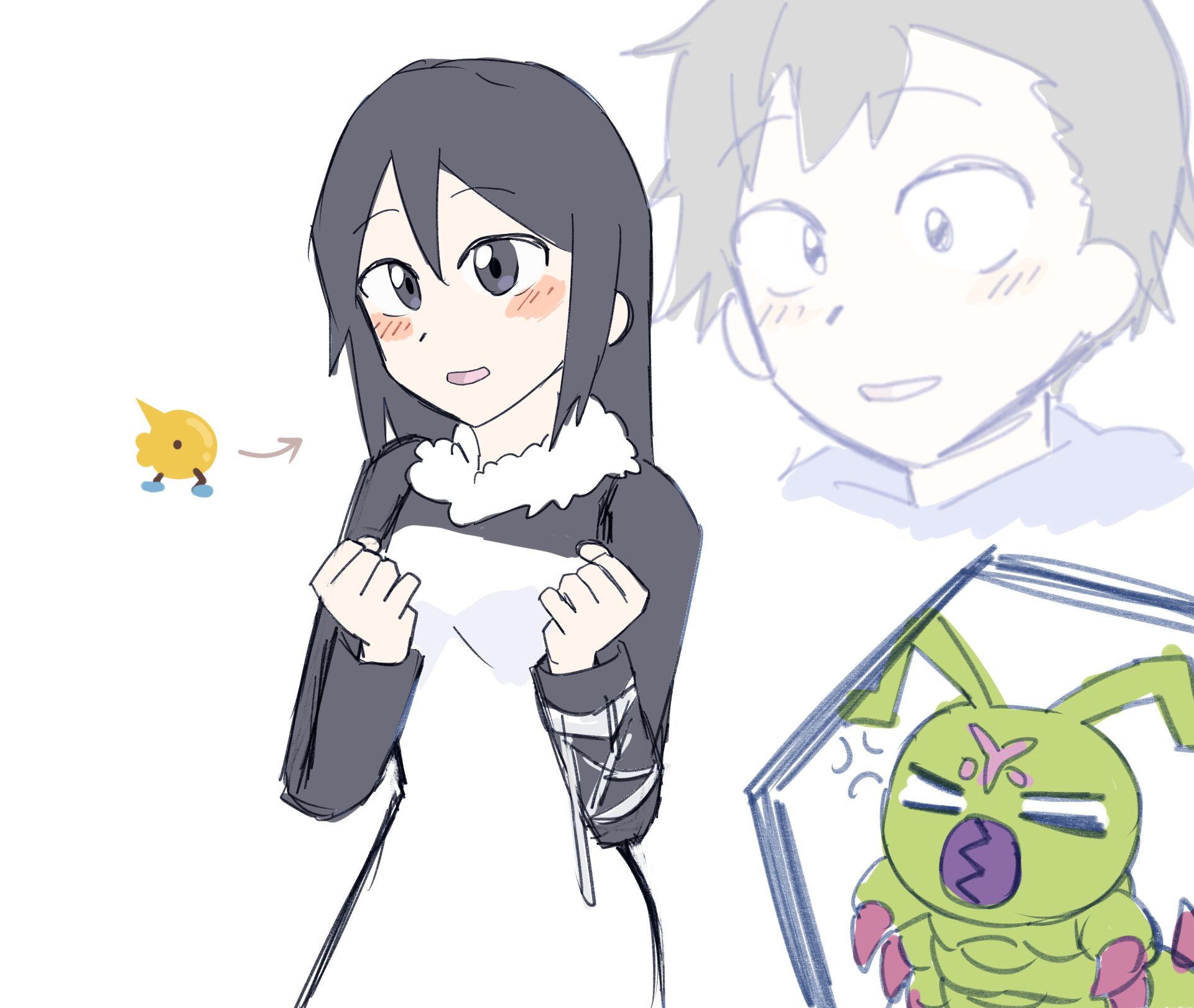 amasawa_keisuke black_eyes black_hair blush digimon digimon_story:_cyber_sleuth highres kamishiro_yuuko long_hair wormmon