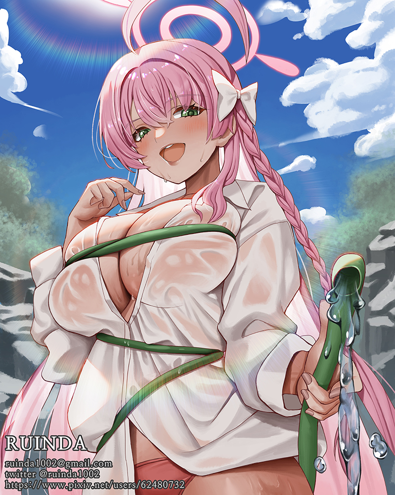 1girl ahoge artist_name bikini blue_archive blue_sky blush bow braid breasts cleavage cloud cloudy_sky collared_shirt day email_address fingernails green_eyes hair_between_eyes hair_bow halo hanako_(blue_archive) hanako_(swimsuit)_(blue_archive) holding holding_hose hose korean_commentary large_breasts long_hair long_sleeves looking_at_viewer no_bra open_mouth outdoors pink_bikini pink_hair pink_halo pixiv_id ruinda shirt sky smile solo swimsuit teeth thighs twitter_username upper_teeth_only water watermark web_address white_bow white_shirt