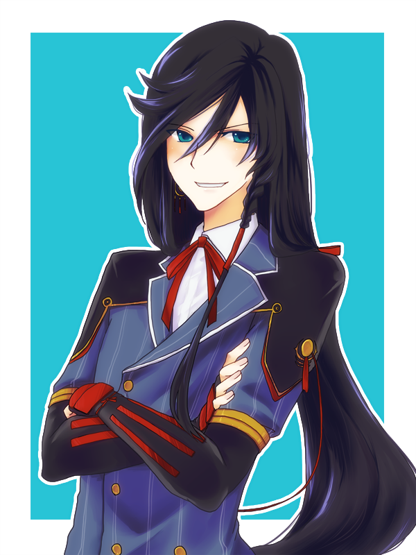 10s 1boy black_hair blue_eyes braid buttons cosplay crossed_arms double-breasted earrings horikawa_kunihiro horikawa_kunihiro_(cosplay) izumi-no-kami_kanesada jewelry kashiwa_kiseri long_hair male_focus personification ribbon side_braid single_earring smile solo touken_ranbu upper_body very_long_hair