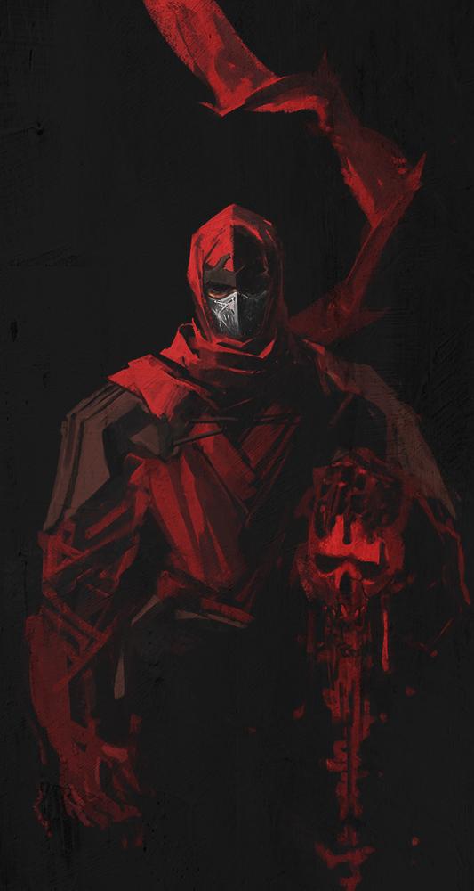 10s 1boy armor black_background blood blood_on_clothes fujikido_kenji huke japanese_armor male_focus menpoo ninja ninja_slayer shaded_face simple_background skull solo