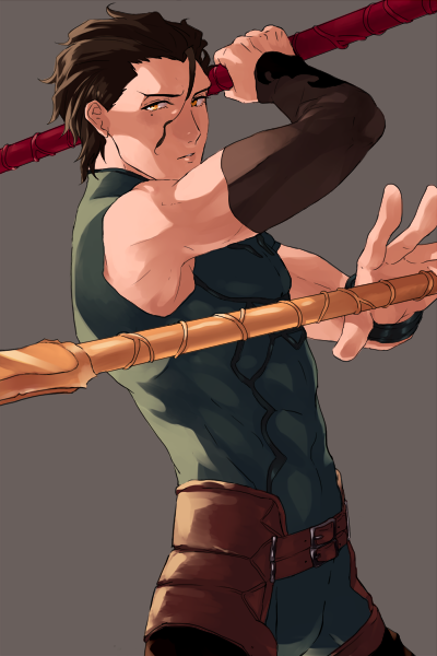 01rosso 1boy ahoge bad_id bad_pixiv_id black_hair diarmuid_ua_duibhne_(fate) diarmuid_ua_duibhne_(lancer)_(fate) dual_wielding fate/zero fate_(series) gae_buidhe_(fate) gae_dearg_(fate) grey_background holding male_focus mole mole_under_eye polearm spear weapon yellow_eyes