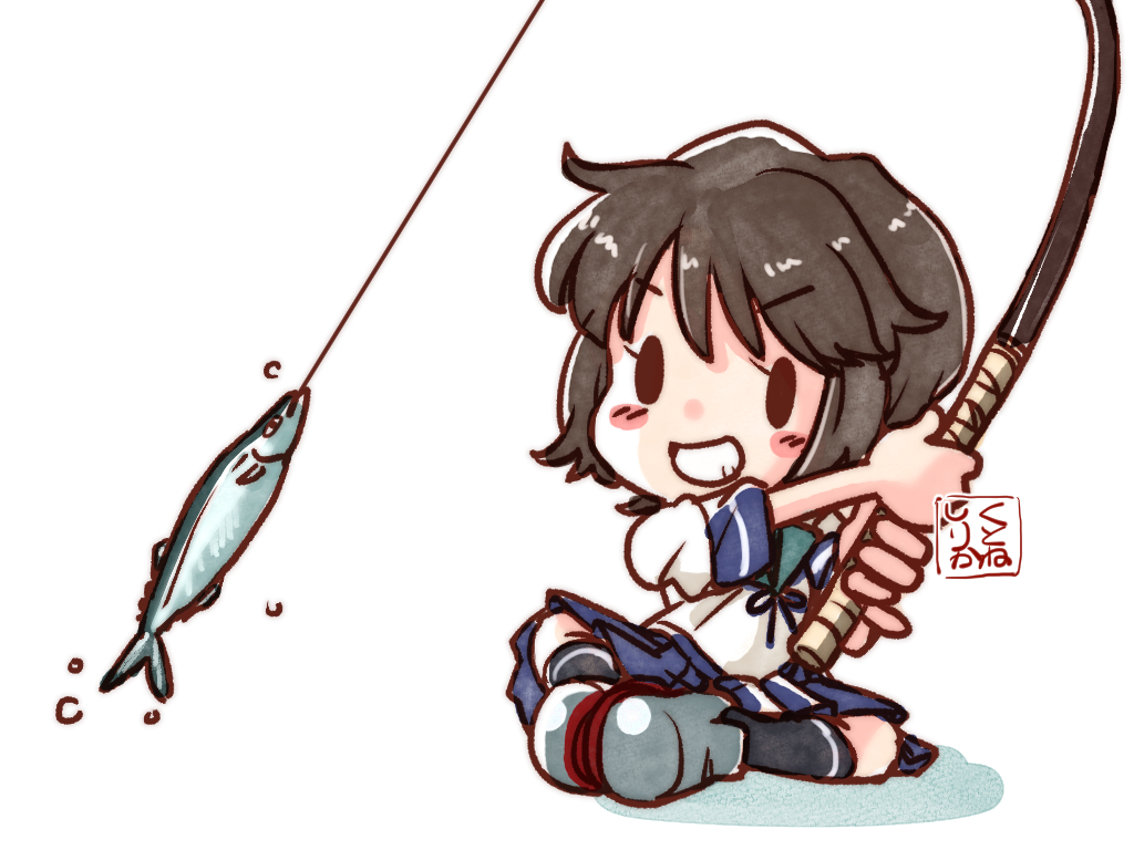 1girl artist_logo black_hair blue_sailor_collar blue_skirt commentary_request fish fishing_line grin indian_style kantai_collection kutone_shirika logo miyuki_(kancolle) pleated_skirt sailor_collar saury school_uniform serafuku short_hair simple_background sitting skirt smile solid_oval_eyes solo white_background