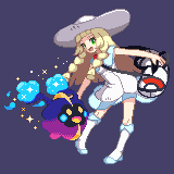 1girl :d bad_id bad_pixiv_id bag bare_arms blonde_hair blue_footwear blunt_bangs braid breasts collared_dress cosmog creatures_(company) dress duffel_bag full_body game_freak gen_7_pokemon green_eyes handbag hat kneehighs legendary_pokemon lillie_(pokemon) long_hair lowres nintendo open_mouth pixel_art poke_ball_theme pokemon pokemon_(creature) pokemon_sm purple_background see-through_clothes shirokuro_(oyaji) shoes simple_background sleeveless sleeveless_dress small_breasts smile socks strap sun_hat sundress tongue twin_braids white_dress white_hat white_socks