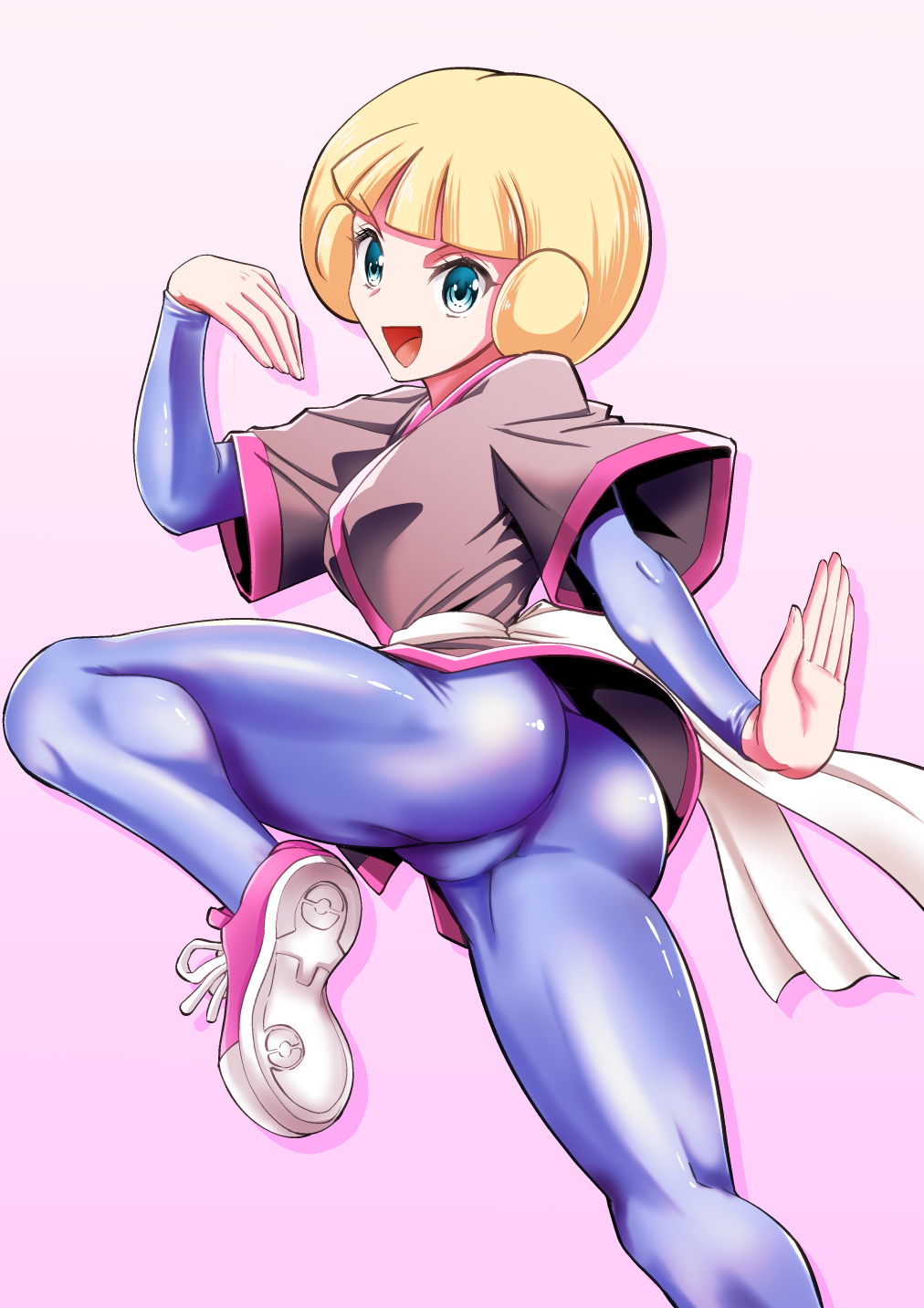 1girl ass blonde_hair blue_eyes breasts greta_(pokemon) highres ihara_shigekatsu looking_at_viewer medium_breasts nintendo pokemon pokemon_emerald pokemon_rse shoes short_hair sneakers socks solo tagme thick_thighs thighs