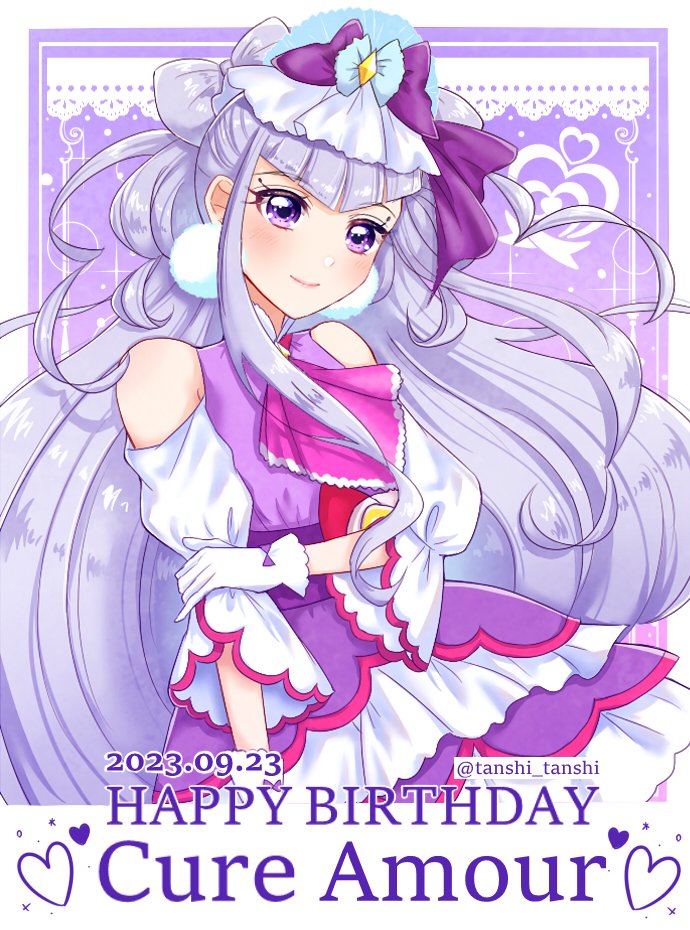 1girl ascot boots bow cone_hair_bun cure_amour dated dress earrings frilled_boots frills gloves gradient_background hair_bow hair_bun happy_birthday heart_pouch hugtto!_precure jewelry layered_dress layered_skirt long_hair looking_at_viewer magical_girl pom_pom_(clothes) pom_pom_earrings precure purple_ascot purple_background purple_bow purple_dress purple_eyes purple_hair ruru_amour short_sleeves skirt smile solo tanshi_tanshi twitter_username upper_body very_long_hair white_gloves