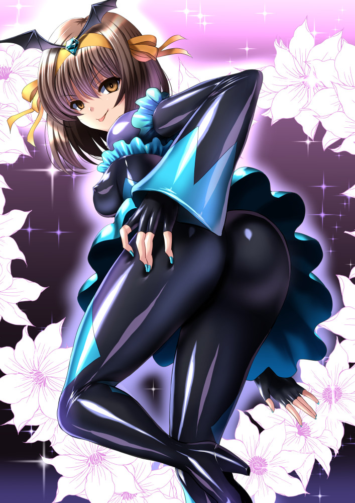 :p ass ass_focus bad_end_precure blue_nails blue_skirt bodysuit breasts brown_hair corruption crossover_cosplay dark_persona frilled_sleeves frills grabbing_own_ass hair_ribbon latex latex_bodysuit long_sleeves medium_breasts nail_polish non-web_source precure puffy_long_sleeves puffy_sleeves ribbon sen_(sansui) shiny_clothes short_hair skirt smile_precure! straight_hair suzumiya_haruhi suzumiya_haruhi_no_yuuutsu tongue tongue_out yellow_eyes yellow_ribbon