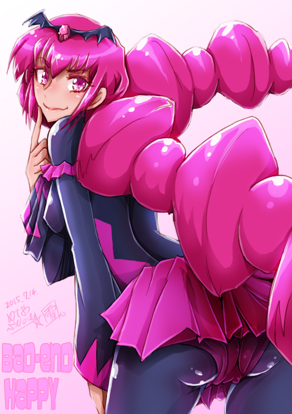 10s 1girl 2015 bad_end_happy bad_end_precure black_bodysuit blush bodysuit character_name dated female_focus gradient_background long_hair looking_back meteo_snow miniskirt panties pink_background pink_eyes pink_hair pink_panties pink_skirt precure skirt smile smile_precure! solo twintails underwear white_background