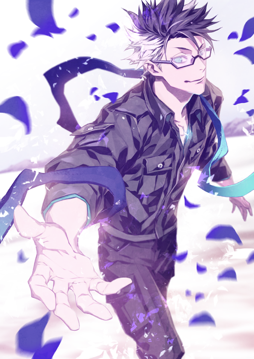 1boy black-framed_eyewear black_hair black_pants black_shirt blue_eyes blue_petals blue_sash closed_mouth collared_shirt cowboy_shot fate/grand_order fate_(series) hand_up long_sleeves male_focus miwa_shirow multicolored_hair offering_hand official_art pants pocket sash semi-rimless_eyewear shirt short_hair sigurd_(fate) sigurd_(memories_with_my_lover)_(fate) smile solo spiked_hair third-party_source two-tone_hair under-rim_eyewear white_background white_hair