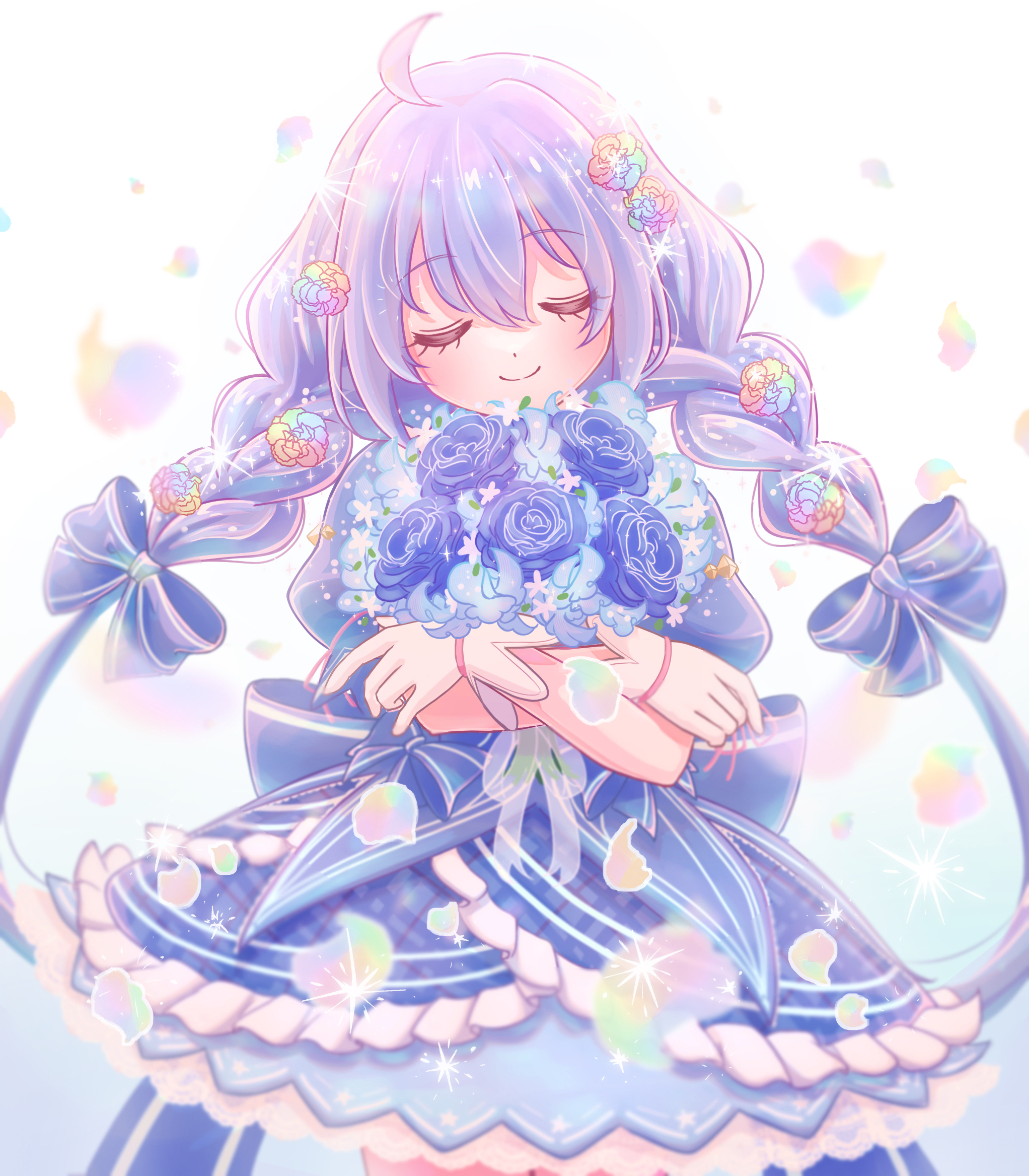 1girl back_bow blue_background blue_bow blue_dress blue_flower blue_hair blue_rose blue_theme bouquet bow braid closed_eyes closed_mouth cowboy_shot dot_nose dress facing_viewer flower fuka_(f_uka_1021) gloves gradient_background hair_bow hair_flower hair_ornament highres holding holding_bouquet layered_dress long_hair multicolored_flower multicolored_rose nijisanji petals plaid_clothes plaid_dress rose smile solo sparkle standing straight-on twin_braids virtual_youtuber white_background white_gloves yuuki_chihiro yuuki_chihiro_(8th_costume)