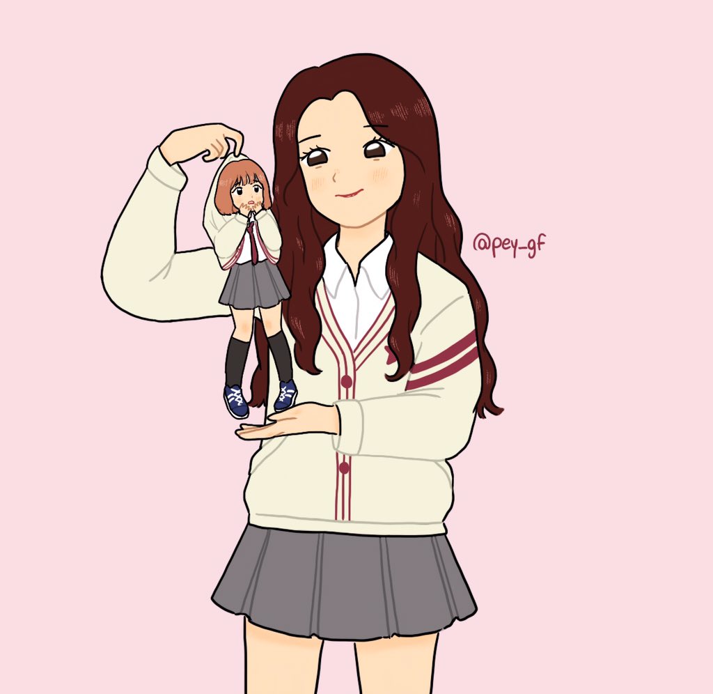 2girls black_socks bob_cut cardigan collared_shirt commentary english_commentary eunha_(gfriend) gfriend grey_skirt holding long_hair lovely_complex multiple_girls necktie pey_gf pink_background shirt shoes simple_background size_difference skirt smile sneakers socks sowon_(gfriend) twitter_username white_shirt