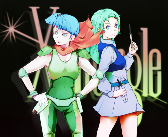 2girls artist_request blue_eyes blue_hair elbow_pads elchi_cargo green_hair holster knife multiple_girls rag_uralo scarf sentou_mecha_xabungle shoulder_pads weapon