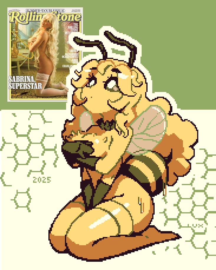 abdomen_tail antennae arthropod_girl bee bee_girl bee_wings black_gloves black_sclera bug colored_sclera copyright_request covering_breasts covering_privates extra_arms gloves honeycomb_(pattern) honeycomb_background insect insect_girl insect_wings long_hair photo-referenced pixel_art sabrina_carpenter seiza sitting solo stinger thighhighs thisislux wings