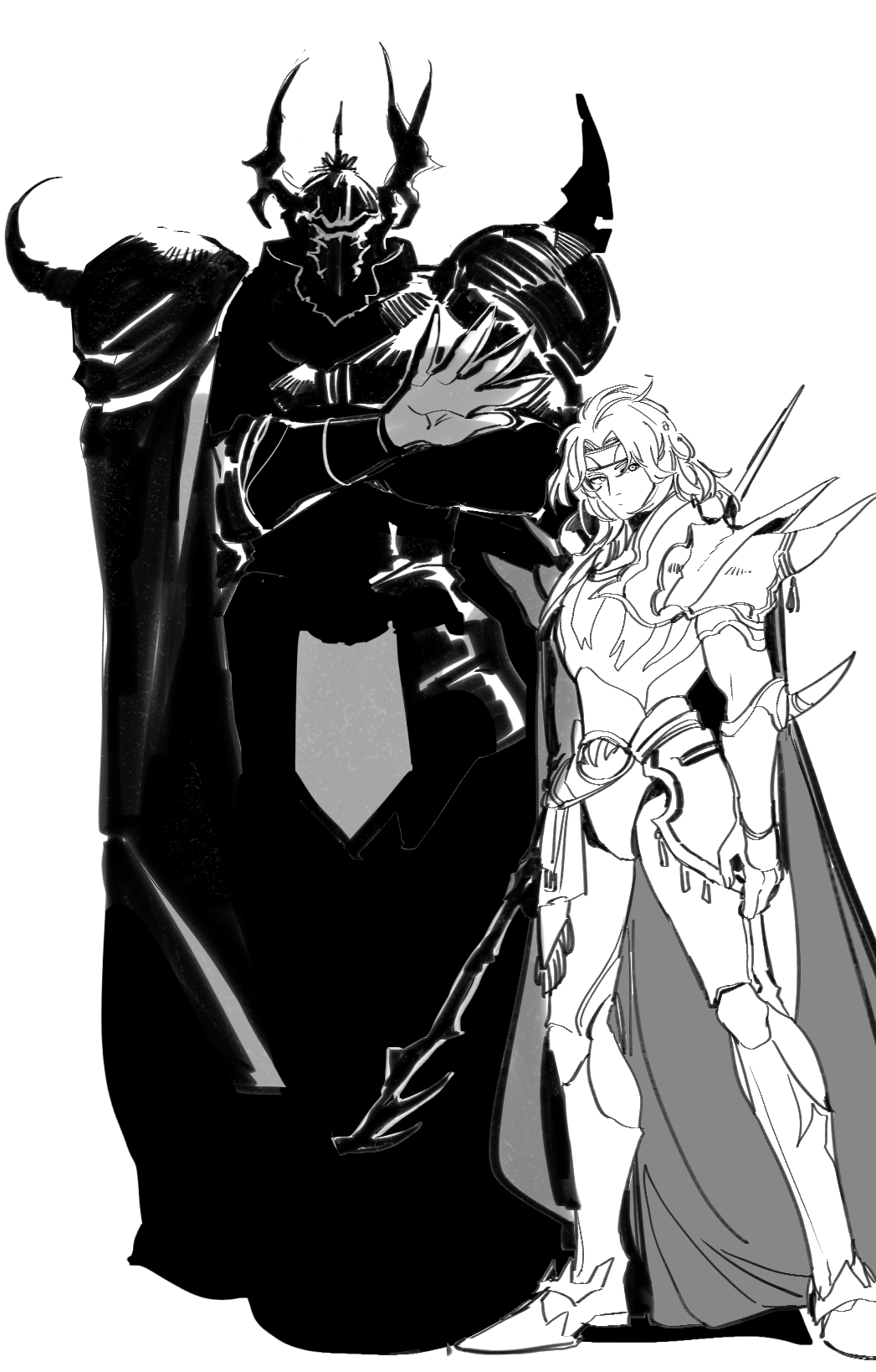 2boys armor black_cape breastplate cape cecil_harvey commentary cuirass cuisses expressionless fake_horns faulds final_fantasy final_fantasy_iv full_armor full_body golbez greaves greyscale hand_up headband helm helmet highres holding holding_polearm holding_weapon horned_helmet horns knight korean_commentary long_hair looking_to_the_side male_focus mazimagheotgeot monochrome multiple_boys outstretched_hand pauldrons polearm poleyn sabaton shoulder_armor simple_background solo spiked_armor spiked_pauldrons vambraces wavy_hair weapon white_background