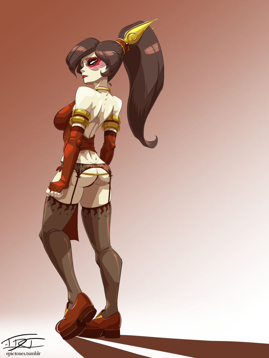 1girl ass avatar:_the_last_airbender avatar_legends back black_thighhighs breasts butt_crack elbow_gloves epictones eric_toner fingerless_gloves full_body garter_belt garter_straps gender_request genderswap gloves highres lingerie lips lipstick long_hair looking_at_viewer looking_back makeup medium_breasts pale_skin ponytail red_footwear red_gloves red_lips red_shirt scar shadow shirt shoes signature skindentation standing thighhighs underwear zuko