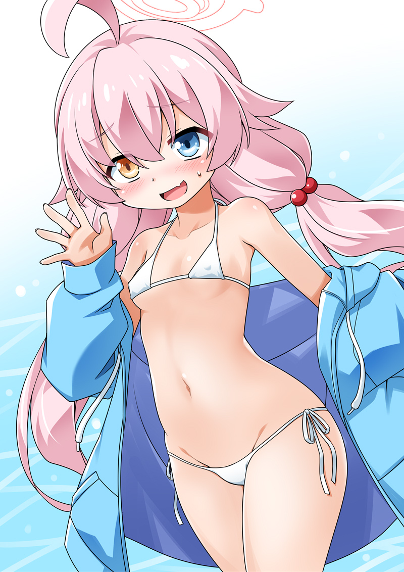 1girl adapted_costume ahoge akou_roushi bikini blue_archive blue_eyes blue_jacket blush breasts clothes_down commentary_request cowboy_shot fang gradient_background groin hair_bobbles hair_ornament halo hoshino_(blue_archive) hoshino_(swimsuit)_(blue_archive) huge_ahoge jacket long_hair long_sleeves looking_at_viewer low_twintails lowleg lowleg_bikini navel official_alternate_costume open_clothes open_jacket open_mouth orange_eyes pink_halo side-tie_bikini_bottom skin_fang small_breasts smile solo stomach sweatdrop swimsuit twintails water waving white_bikini