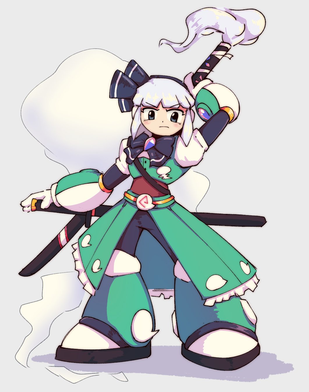 1girl closed_mouth commentary english_commentary full_body ghost grey_background grey_hair highres holding holding_behind_back holding_sword holding_sword_behind_back holding_weapon holding_weapon_behind_back konpaku_youmu konpaku_youmu_(ghost) looking_at_viewer mega_man_(series) multiple_swords short_hair simple_background solo surrealmason sword touhou v-shaped_eyebrows weapon