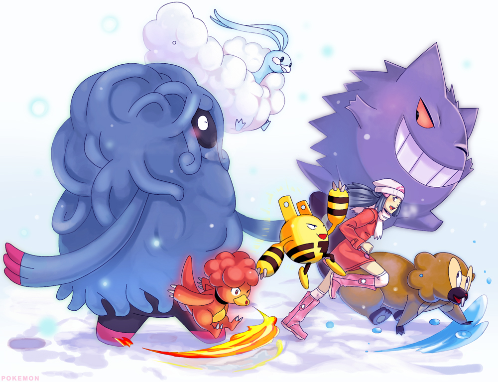 1girl altaria bare_legs bibarel blue_hair blush breasts creature dawn_(pokemon) dragon elekid fire flying gen_1_pokemon gen_2_pokemon gen_3_pokemon gen_4_pokemon gengar grin happy head_wreath long_hair looking_at_another magby multiple_others nintendo one_eye_closed plant_monster pokemon pokemon_(creature) pokemon_dppt pokemon_platinum running scarf simple_background size_difference smile tangrowth tentacles walking wide_hips wink winter_clothes ymy
