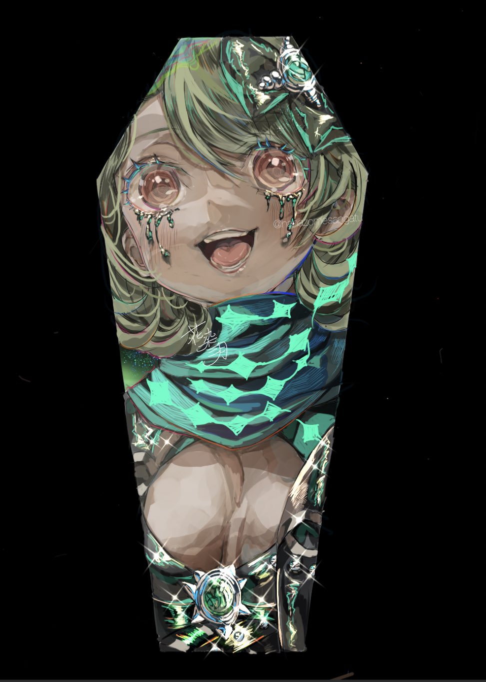 1girl bad_id bad_twitter_id black_background bow breasts buckle cleavage crying crying_with_eyes_open facepaint flower green_hair hair_bow hair_flower hair_ornament hanazome_march highres little_match_girl_(sinoalice) looking_at_viewer red_eyes scarf short_hair simple_background sinoalice small_breasts solo tears