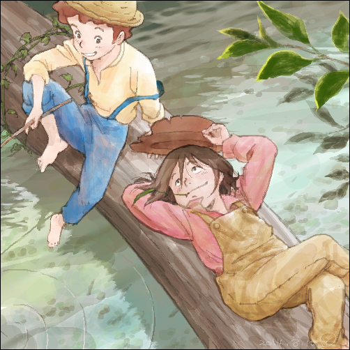 10s 2014 2boys barefoot blouse blue_pants brown_overalls dated eye_contact fishing friends grass hat unworn_hat hat_tip unworn_headwear huckleberry_finn knee_up leaf looking_at_another lying mouth_hold multiple_boys oekaki on_back outdoors overalls pants pink_shirt plant retro_artstyle river sakai_yume shirt sitting smile the_adventures_of_tom_sawyer thomas_sawyer tom_sawyer_no_bouken tree vines water world_masterpiece_theater
