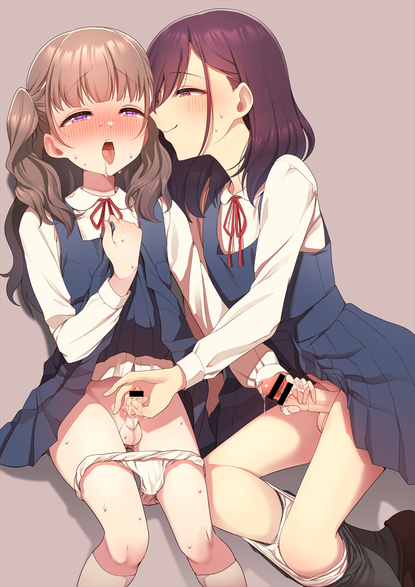 2boys bar_censor blush brown_background brown_hair censored clothes_lift commentary_request crossdressing dress dress_lift drooling erection half-closed_eyes handjob highres hokuro_ryuuseigun junior_(hokuro_ryuuseigun) lifting_own_clothes long_hair long_sleeves male_focus medium_hair multiple_boys mutual_handjob mutual_masturbation neck_ribbon open_mouth original paid_reward_available panties panty_pull penis penis_size_difference pinafore_dress pink_eyes precum purple_hair red_ribbon ribbon saliva school_uniform shirt simple_background sleeveless sleeveless_dress small_penis smile student_council_president_(hokuro_ryuuseigun) sweat sweatdrop textless_version tongue tongue_out trap trap_on_trap underwear variant_set white_panties white_shirt yaoi