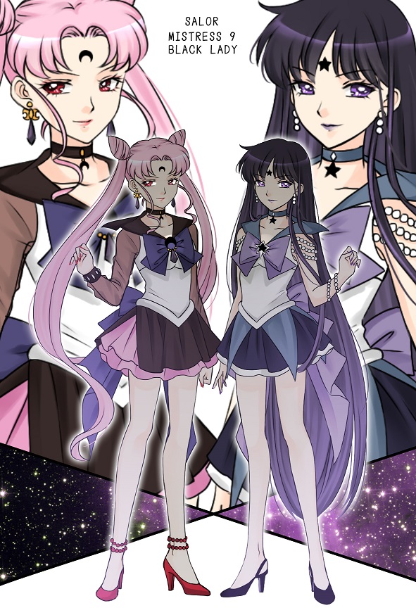 2girls adapted_costume bishoujo_senshi_sailor_moon bishoujo_senshi_sailor_moon_r bishoujo_senshi_sailor_moon_s black_hair black_lady_(sailor_moon) blue_sailor_collar bow character_name chibi_usa choker cone_hair_bun cosplay crescent crescent_facial_mark crystal_earrings double_bun earrings facial_mark forehead_mark full_body gradient_hair hair_bun high_heels jewelry koya layered_skirt long_hair looking_at_viewer magical_girl mistress_9 multicolored_hair multiple_girls pink_hair purple_bow purple_footwear purple_hair red_footwear sailor_collar sailor_senshi sailor_senshi_(cosplay) shoes skirt standing star_(symbol) tomoe_hotaru trait_connection twintails unofficial_sailor_senshi_uniform very_long_hair zoom_layer