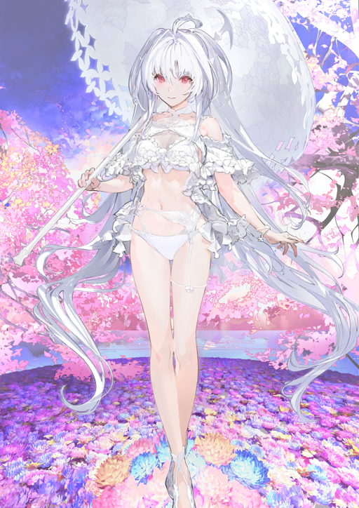 1girl ahoge bare_shoulders bikini breasts cleavage closed_mouth crossed_ankles fate/grand_order fate_(series) field flower flower_field full_body game_cg garter_belt hair_between_eyes hair_intakes halterneck hand_up holding holding_umbrella lady_avalon_(fate) lady_avalon_(second_ascension)_(fate) legs_together long_hair long_sidelocks looking_at_viewer medium_breasts merlin_(fate/prototype) navel official_art parasol red_eyes sandals see-through_cleavage see-through_clothes shoes sidelocks single_bare_leg smile solo standing swimsuit swimsuit_cover-up taiki_(luster) third-party_source umbrella umbrella_over_shoulder variant_set very_long_hair white_bikini white_garter_belt white_hair white_shoes white_umbrella