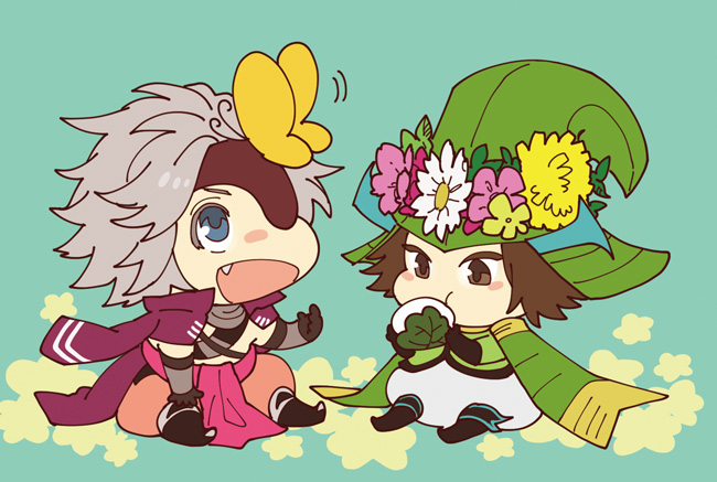 2boys :d :t armor black_gloves blue_eyes brown_eyes brown_gloves brown_hair bug butterfly butterfly_on_head chibi chibi_only chousokabe_motochika_(sengoku_basara) eating elbow_gloves eyepatch fang gloves green_background green_shirt grey_hair head_wreath helmet insect jacket jacket_on_shoulders japanese_armor kabuto_(helmet) looking_at_animal looking_at_food looking_up male_focus mouri_motonari_(sengoku_basara) multiple_boys no_shirt open_mouth orange_pants pants purple_jacket sengoku_basara shirt short_hair simple_background smile white_pants yellow_butterfly yona_(waiko)