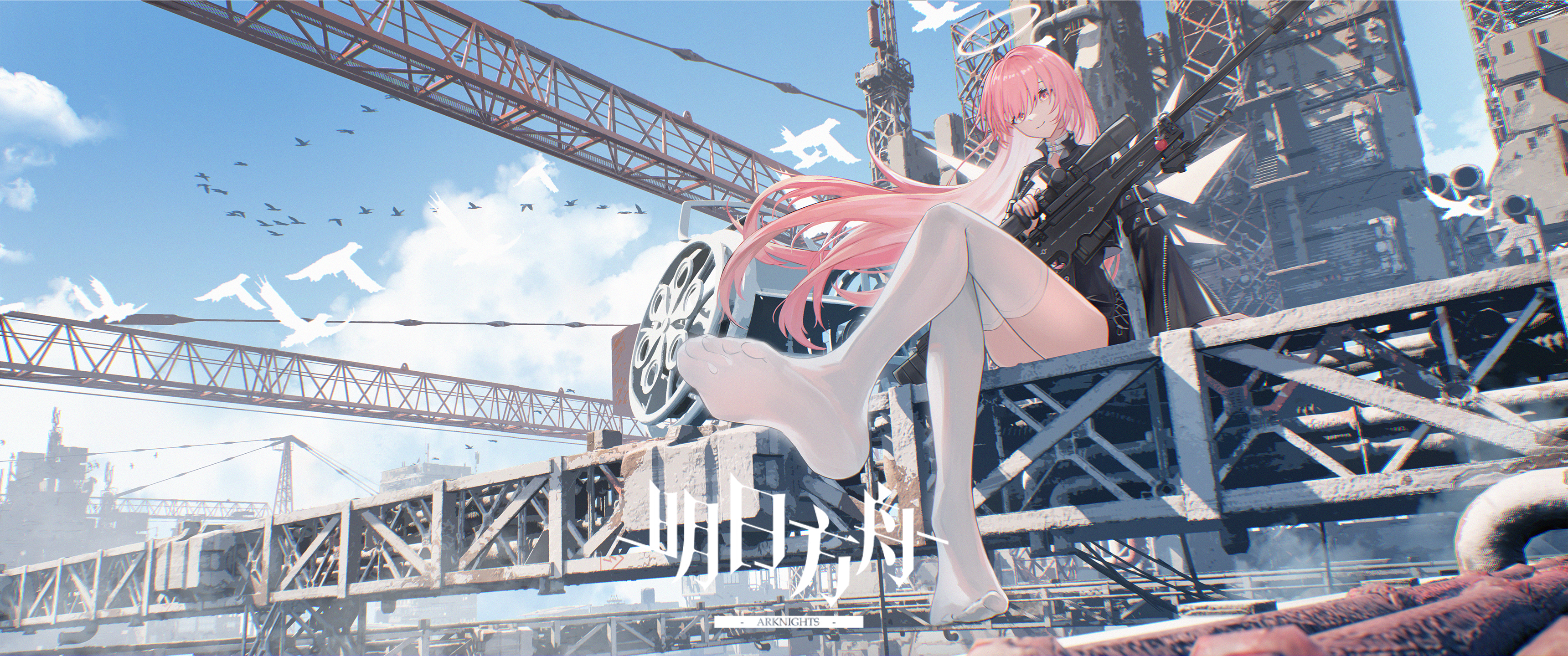 1girl absurdres arknights black_jacket closed_mouth cloud commentary construction_site copyright_name crane_(machine) crossed_legs day de4d_fish english_commentary feet full_body gun halo highres jacket lemuen_(arknights) long_hair long_sleeves looking_at_viewer no_shoes outdoors pink_eyes pink_hair rifle sitting smile sniper_rifle soles solo sunlight thighhighs toes traditional_halo very_long_hair weapon white_halo white_thighhighs wind