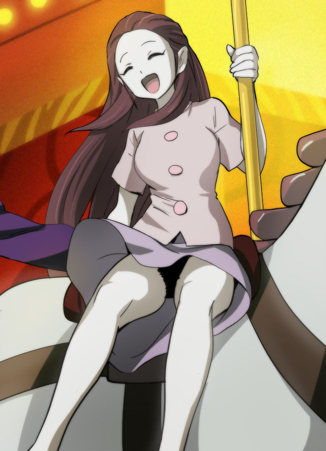 1girl :d ^_^ black_panties brown_hair carousel closed_eyes female_focus gegege_no_kitarou haruyama_kazunori legs long_hair open_mouth panties pantyshot pointy_ears purple_skirt short_sleeves sitting skirt smile solo underwear yashiro_mika