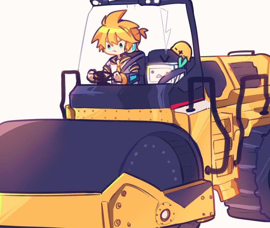 1boy 2024_niconico_cyberattack black_sailor_collar black_sleeves blonde_hair blue_eyes closed_mouth commentary detached_sleeves driving frown hard_hat helmet hikusa kagamine_len male_focus niconico sailor_collar shirt short_hair simple_background solo spiked_hair spring_onion steamroller steering_wheel symbol-only_commentary television terebi-chan upper_body vocaloid white_background white_shirt