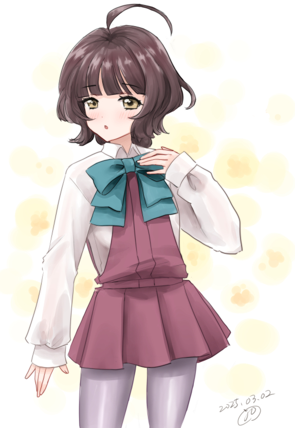 1girl ahoge aqua_bow aqua_bowtie blunt_bangs bow bowtie brown_eyes brown_hair collared_shirt cowboy_shot dress dress_shirt grey_pantyhose halter_dress halterneck kantai_collection kishinami_(kancolle) kitagawa_mikio one-hour_drawing_challenge pantyhose pleated_dress purple_dress shirt short_hair solo standing wavy_hair white_shirt
