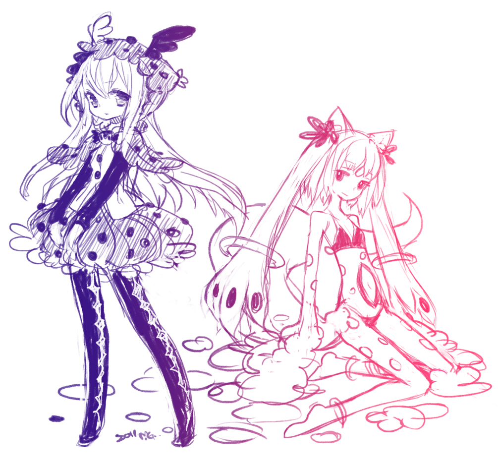 10s 2girls bikini charlotte_(madoka_magica) hood hoodie kyubey long_hair magical_girl mahou_shoujo_madoka_magica mahou_shoujo_madoka_magica_(anime) mg multiple_girls pantyhose personification polka_dot sketch swimsuit tattoo twintails
