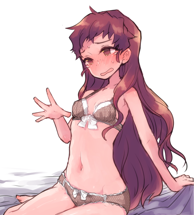 1girl barefoot bed_sheet blush bow bow_bra bow_panties bra breasts brown_bra brown_eyes brown_hair brown_panties cleavage collarbone embarrassed female_focus freckles groin isuzu_(log_horizon) log_horizon long_hair mo_(deciliter) navel open_mouth panties polka_dot polka_dot_bra polka_dot_panties simple_background small_breasts solo sweat sweatdrop tearing_up underwear underwear_only very_long_hair white_background white_bow white_polka_dots