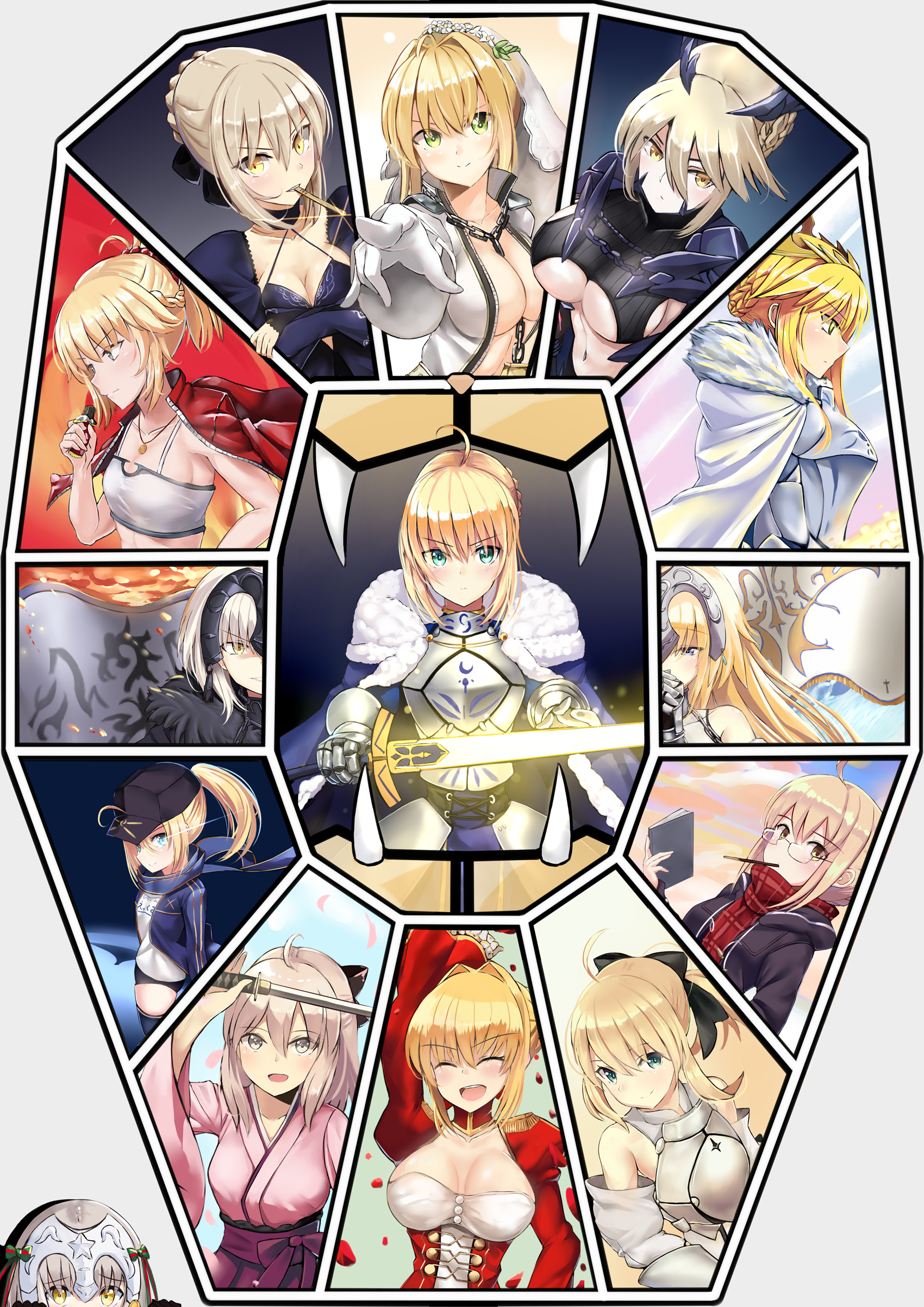 10s 6+girls :d :t ^_^ absurdres ahoge aqua_eyes arm_up armor artoria_pendragon_(fate) artoria_pendragon_(lancer)_(fate) artoria_pendragon_(lancer_alter)_(fate) bandeau baseball_cap bell between_breasts black_bow blonde_hair blue_eyes blue_scarf blush bodysuit book bow braid breastplate breasts bridal_veil candy chain chocolate chocolate_bar cleavage cloak closed_eyes closed_mouth coat collarbone covered_mouth crown duffel_coat eating epaulettes fate/apocrypha fate/extra fate/extra_ccc fate/grand_order fate/stay_night fate/unlimited_codes fate_(series) faulds food foreshortening french_braid from_side fur_trim gauntlets glasses glint green_eyes grey_hair gym_uniform hair_between_eyes hair_bow hair_intakes half_updo hat headpiece highres holding holding_book holding_sword holding_weapon i.f.s.f interlocked_fingers jacket jacket_on_shoulders japanese_clothes jeanne_d'arc_(fate) jeanne_d'arc_(ruler)_(fate) jeanne_d'arc_(third_ascension)_(fate) jeanne_d'arc_alter_(avenger)_(fate) jeanne_d'arc_alter_(fate) jeanne_d'arc_alter_santa_lily_(fate) juliet_sleeves katana kimono koha-ace large_breasts lock long_hair long_sleeves look-alike looking_at_viewer medium_breasts mordred_(fate) mordred_(fate/apocrypha) mouth_hold multiple_girls mysterious_heroine_x_(fate) mysterious_heroine_x_(second_ascension)_(fate) mysterious_heroine_x_alter_(fate) mysterious_heroine_x_alter_(first_ascension)_(fate) name_tag nero_claudius_(bride)_(fate) nero_claudius_(fate) nero_claudius_(fate)_(all) nero_claudius_(fate/extra) obi okita_souji_(fate) okita_souji_(koha-ace) open_clothes open_coat open_jacket open_mouth out_of_frame outstretched_arm own_hands_together parted_lips pauldrons peeking_out petals pink_kimono plaid_clothes plaid_scarf platinum_blonde_hair pocky pointing pointing_at_viewer ponytail puffy_sleeves red_scarf rimless_eyewear rojiura_satsuki:_chapter_heroine_sanctuary saber_(fate) saber_alter saber_alter_(third_ascension) saber_lily saber_lion sash scarf shoulder_armor sidelocks smile standard_bearer sword teeth twitter_username underboob unzipped upper_body veil weapon yellow_eyes