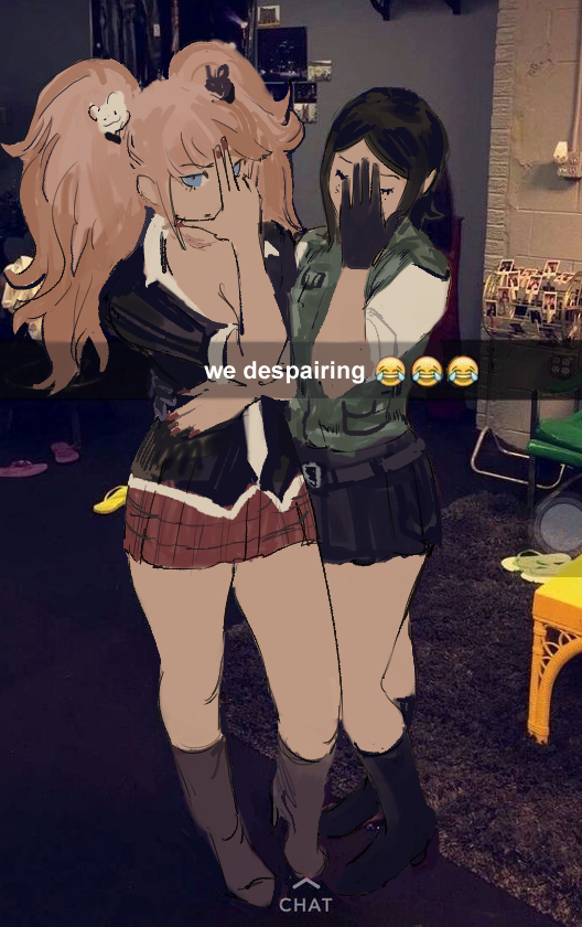2girls bear_hair_ornament black_footwear black_gloves black_hair black_shirt black_skirt blonde_hair breasts brown_footwear calf_boots camouflage camouflage_vest cleavage collarbone danganronpa:_trigger_happy_havoc danganronpa_(series) english_text enoshima_junko facepalm fake_nails fake_phone_screenshot fake_screenshot fingernails full_body gloves hair_ornament ikusaba_mukuro jojo_pose large_breasts lirthel long_hair looking_at_viewer medium_hair meme multiple_girls nail_polish parted_hair photo_background pleated_skirt red_nails red_skirt shirt siblings sisters skirt snapchat standing twins twintails we_irritating_(meme) white_shirt