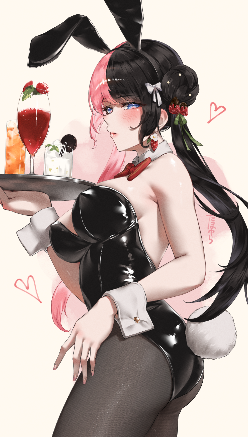 1girl alternate_costume animal_ears ass bare_shoulders black_hair black_hairband black_leotard black_pantyhose blush bow bowtie breasts closed_mouth detached_collar drink earrings fingernails food-themed_earrings food-themed_hair_ornament food_themed_earrings glass green_ribbon hair_bow hair_bun hair_ornament hair_ribbon hairband heart highres holding holding_tray jewelry large_breasts leotard long_hair multicolored_hair nail_polish pantyhose pink_background pink_hair pink_lips pink_nails playboy_bunny purple_eyes rabbit_ears rabbit_tail red_bow red_bowtie reo_no_suke revision ribbon solo split-color_hair strapless strapless_leotard strawberry_earrings strawberry_hair_ornament tachibana_hinano tail tray twintails two-tone_hair virtual_youtuber vspo! white_bow wrist_cuffs